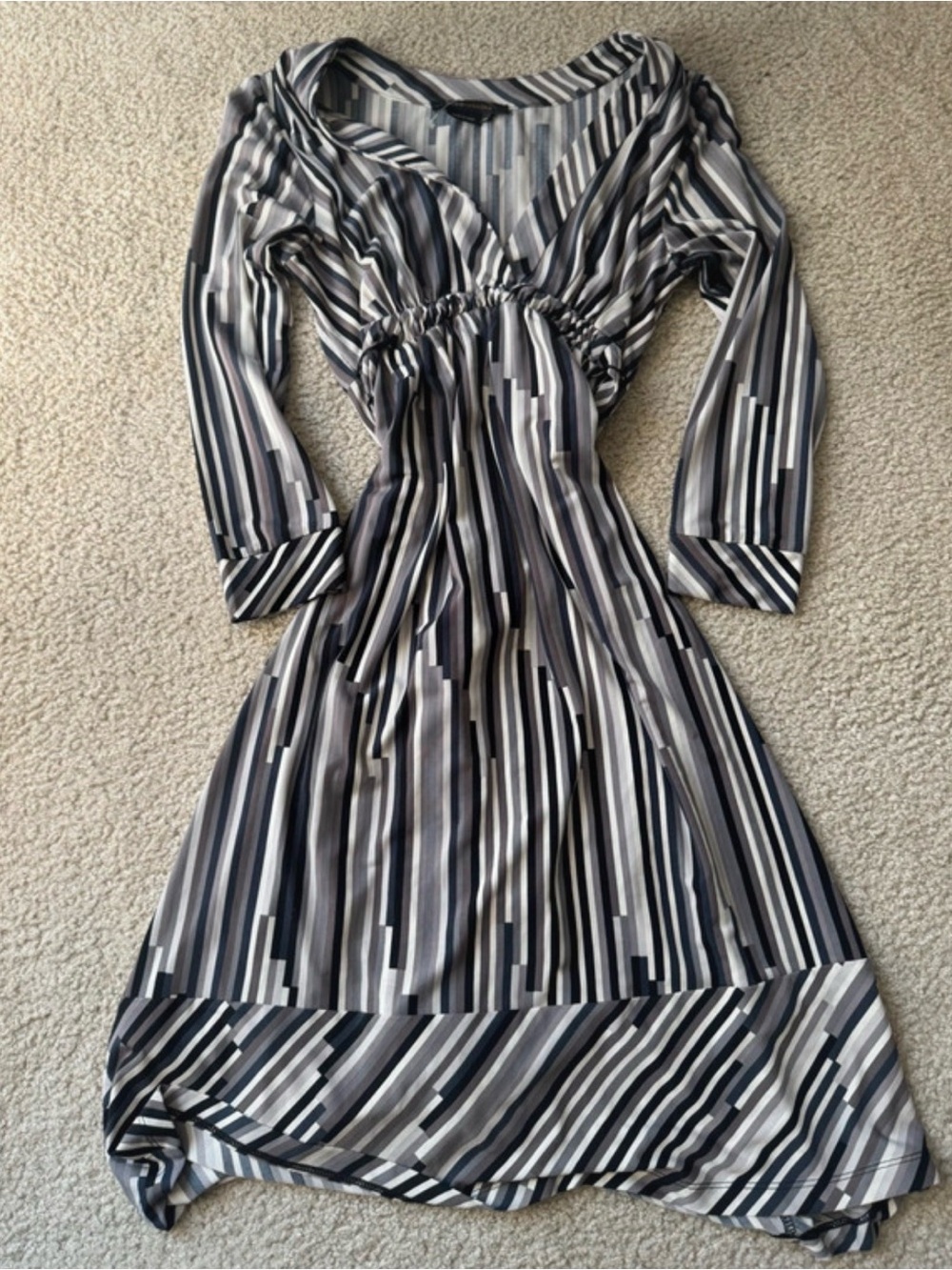 BCBGMaxAzria Black & Gray Vertical Stripe V-Neck Midi Dress